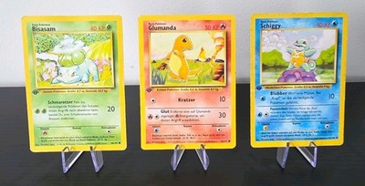  Pokemon 1. Edition Deutsch Base Set Starter Trio - Bisasam, Glumanda, Schiggy MP
