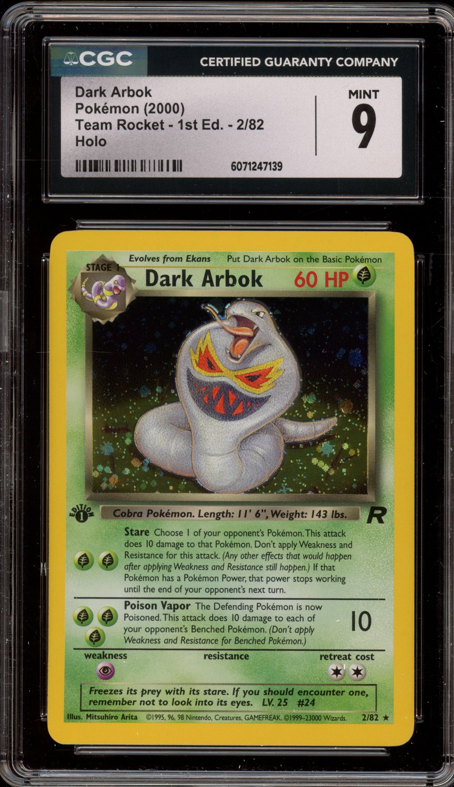 Pokemon Dark Arbok Team Rocket 1st Edition Holo Rare #2 CGC 9 Mint