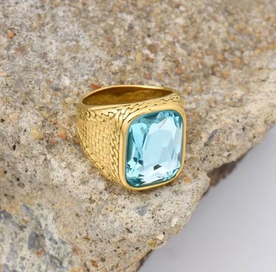 Men s Ring Stainless Steel Gold Color Sea Blue Gemstone Rectangle Shape Style