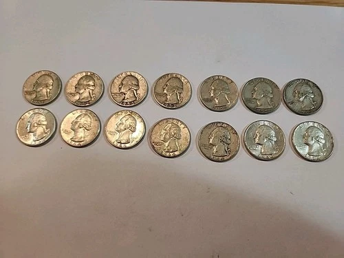 Lot Of 14 Of 1950s–1964 Washington Quarters 90% Silver