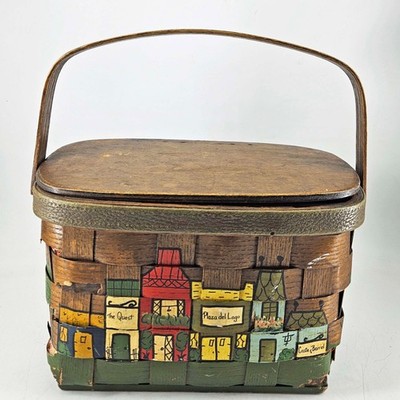 Vintage artist Signed Woven Fabric Lining Basket by Caro Nan Hand painted