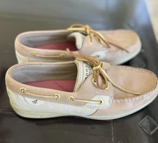 Sperry Boat Shoes Top Sider Womens 10 M Leather Linen Oat Pink Gold Preppy