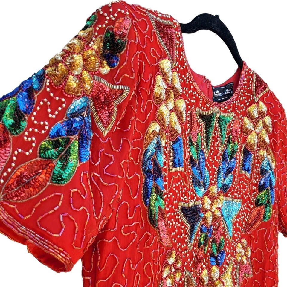 80s Cocktail Dress Short Formal Womens M Red Silk Beaded Embellished