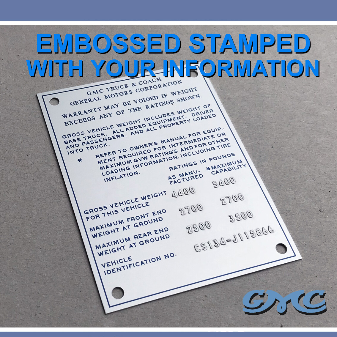 1970 1971 1972 EMBOSSED GMC PLATE DATA TAG C20 K10 K20 TRUCK JIMMY