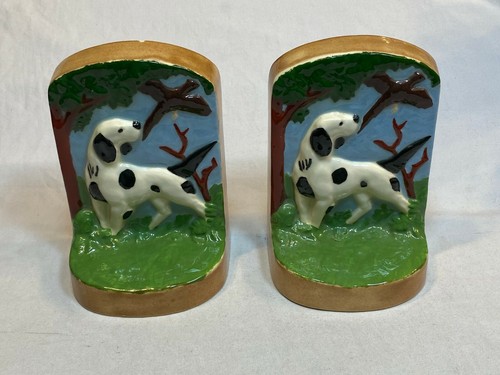 Ceramic Vintage Spaniel Dogs Bird 2 Old Bookends Book Ends Set Green Beige Brown