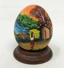 Signed Hand Painted Folk Art Native Indigenous Village Mini Wood Egg Stand GB21