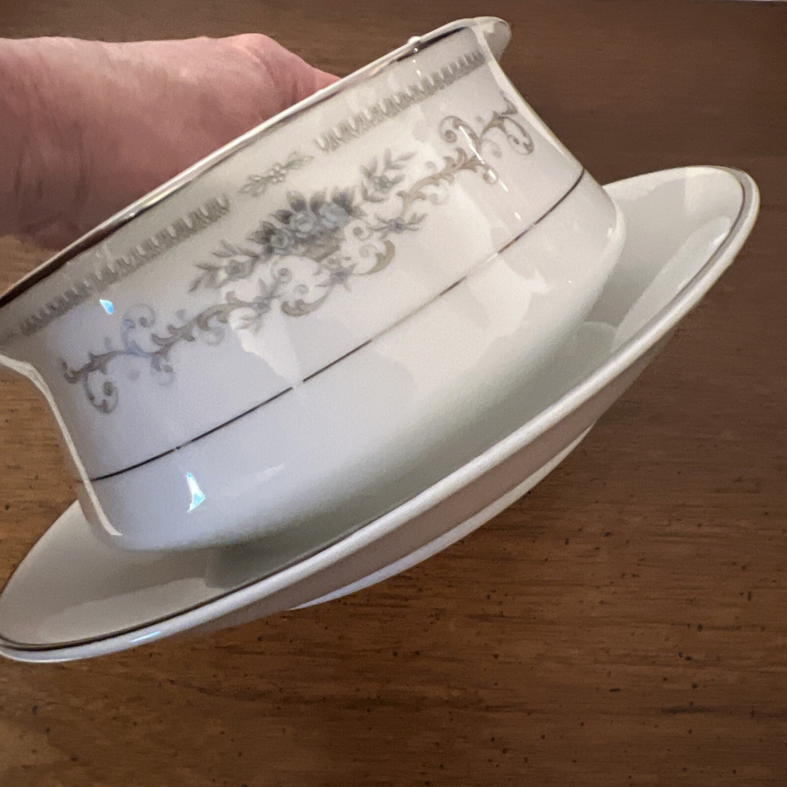Vtg Fine Porcelain Japan Diane Gravy Boat With Attached Under Dish