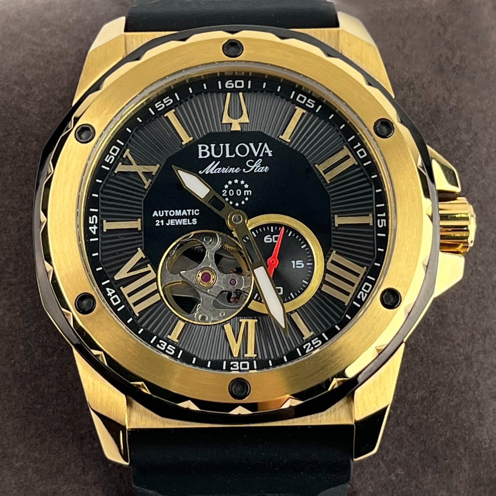 Bulova Marine Star 45mm Automatic Black Dial Rubber Strap Mens Watch 98A272