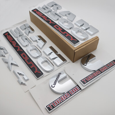 For RAM 3500 Heavy Duty Emblems Set Cummins Turbo Diesel 4X4  Badges Chrome Red