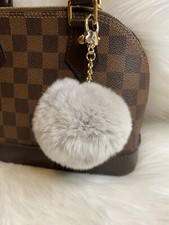 Gray Pom Pom Keychain Purse Charm Car Key Charm Fob Fluffy Soft Gold Clasp