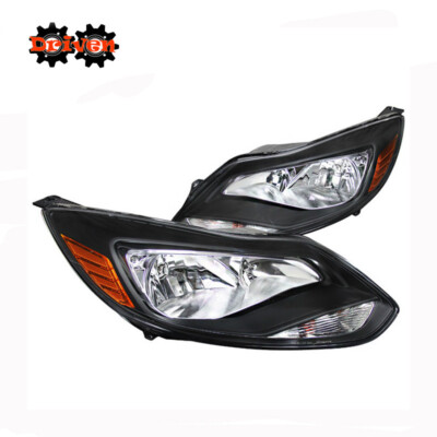 2012-2014 Ford Focus Black Housing Headlights Left+Right Lamps Pair OE Upgrade