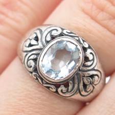 925 Sterling Silver Vintage Real Oval-Cut Blue Topaz Ornate Heart Ring Size 6.5