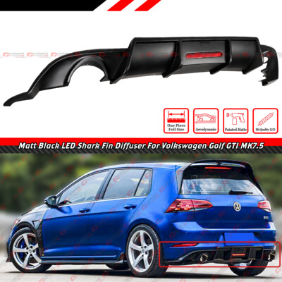 For 18-21 VW Golf GTI MK7.5 V Style Matte Blk Rear Bumper LED Shark Fin Diffuser