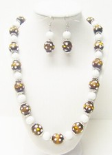 Round Brown w/Flowers Wood Bead Strand Necklace Earrings Set