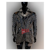 Handmade Men's Black Fully Studded Double Collar Genuine Leather Jacket