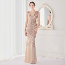 Lady Sequin Evening Dress Beading Sleeve Deep V Long Formal Prom Dresses Elegant