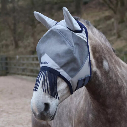 MASTA FLY MASK WITH EARS AND NOSE FRINGE GREY/BLUE FULL SIZE