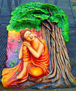 Vtg OOAK Large Resin Carved Relief Buddha Bodhi Tree Hanging Wall Art 3D Plaque