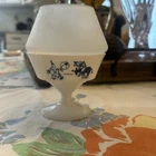 Hazel Atlas milk glass footed sherbet cups blue circus clown and donkey graphics
