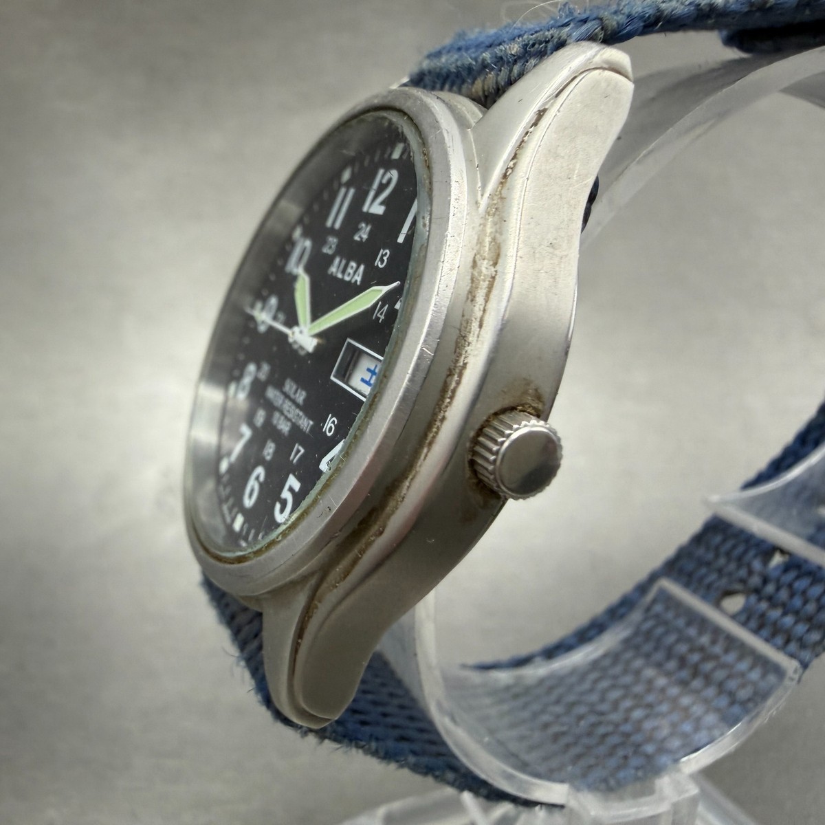 Seiko Alba Solar Watch Men 36mm Blue Dial Silver Tone Daydate V158