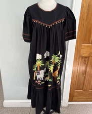 Go Softly Patio House Dress Black Shortsleeved Beaded Jungle Tropical SZ MED