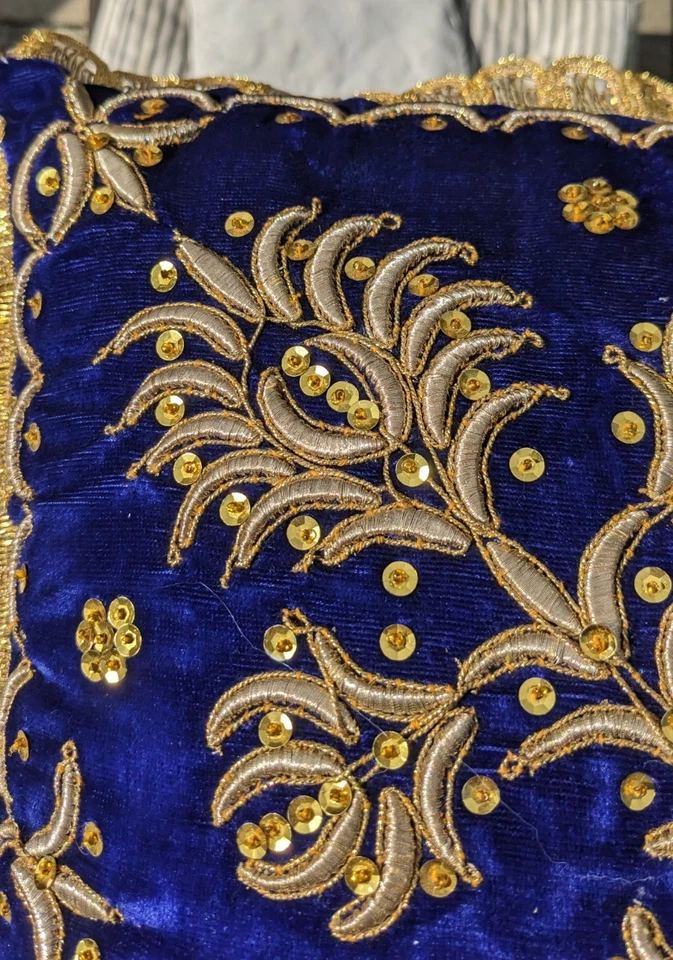 Heavily Embroidered Indian Cushion with Gold Thread, Gold Sequins and Border - Image 4 of 4
