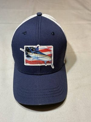 Guy Harvey Fishing Mesh Trucker Hat Cap Marlin Patch Logo Blue White Flag EUC