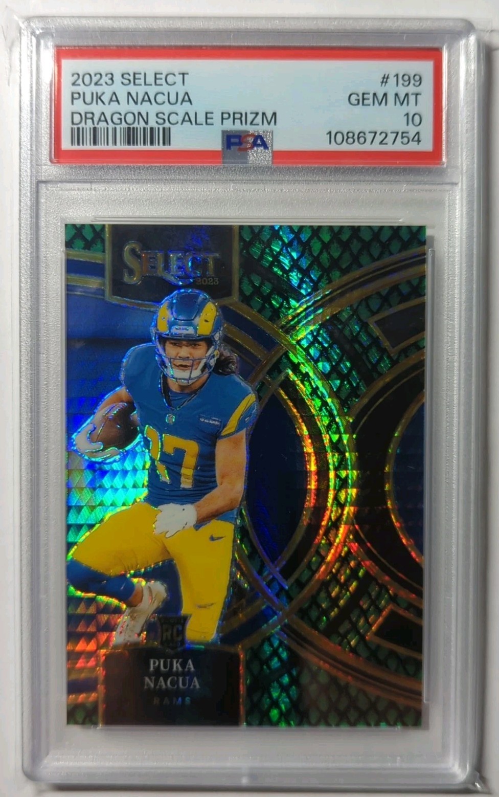 2023 Select Puka Nacua RC 199 Dragon Scale Prizm #'d /70 PSA 10 Gem Mint Rams