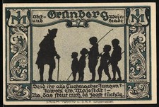 Notgeld Grünberg in Schlesien, 1921, 1 Mark, Silhouette eines Mannes mit Kinder 