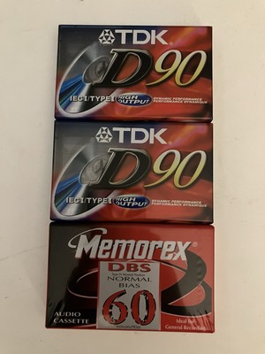 Lot of 3 Blank Cassette Tapes New Sealed 1 Memorex 60 min & 2 TDK 90 min