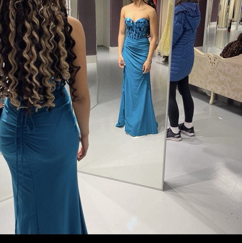 Blue Strapless Formal Evening Gown with Sequin Bodice, Side Slit, Elegant Dress