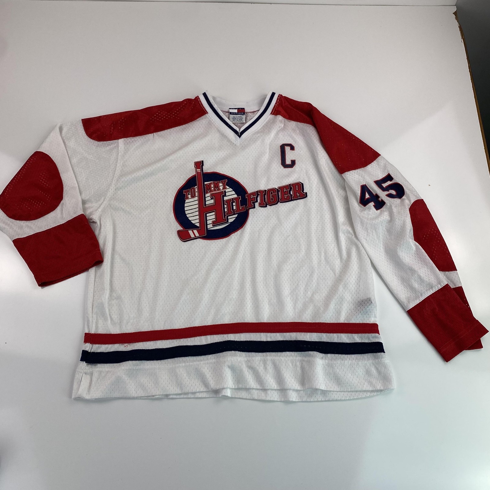 Vtg Rare Tommy Hilfiger Hockey Captain's Jersey Large White 90s Mesh Pullover