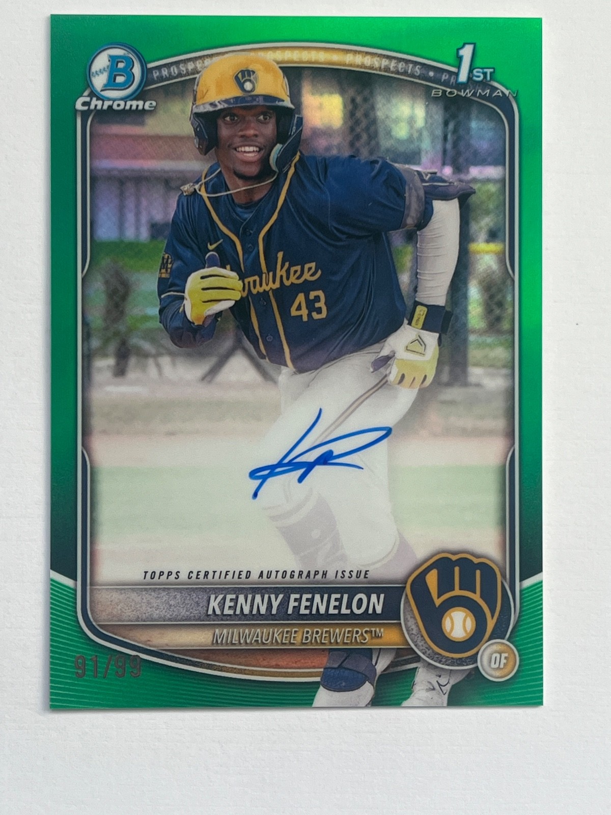 2025 Bowman Chrome Kenny Fenelon 1st True Green Auto /99 Brewers CPA-KF (DW)