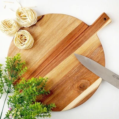 GEEZY Round Wooden Chopping Board with Handle Home Kitchen Large Pizza Serving Platter