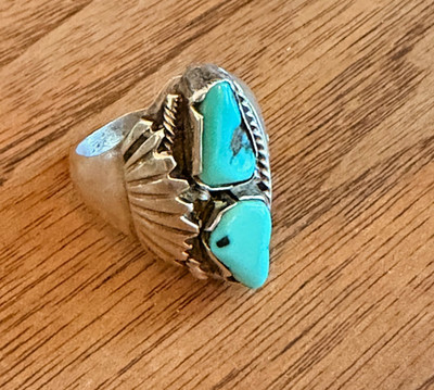 Vintage cool Old Pawn Navajo style Turquoise Sterling Silver Ring Size 8.5 13.2g