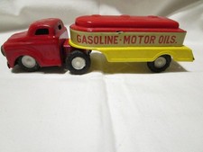 1950's METAL TIN GASOLINE MOTOR OIL TANKER WITH FRICTION TRUCK CAB S-2023 JAPAN