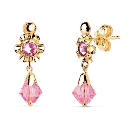 Pendientes oro 18k 750 mls. Con Circonita Rosa. 18x6,5 MM.