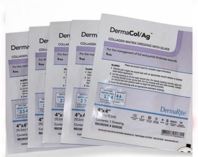 DermaRite DermaCol Collagen Dressing, 4 in x 4 in, Sterile, New, 5 Dressings