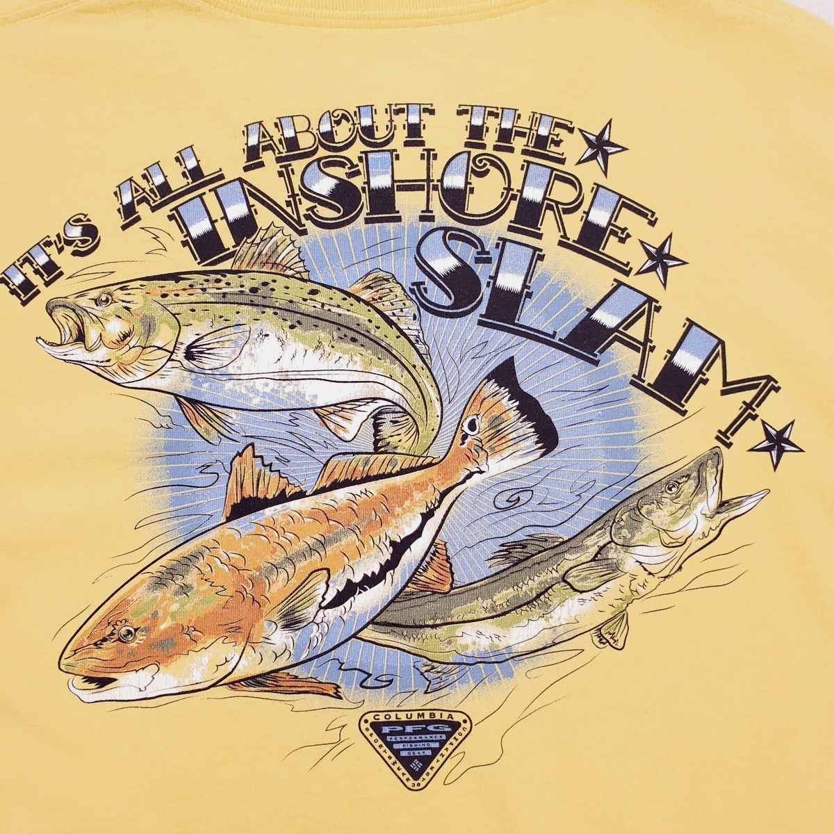 Columbia Shirt Mens Medium Yellow PFG Fishing Inshore Slam Red