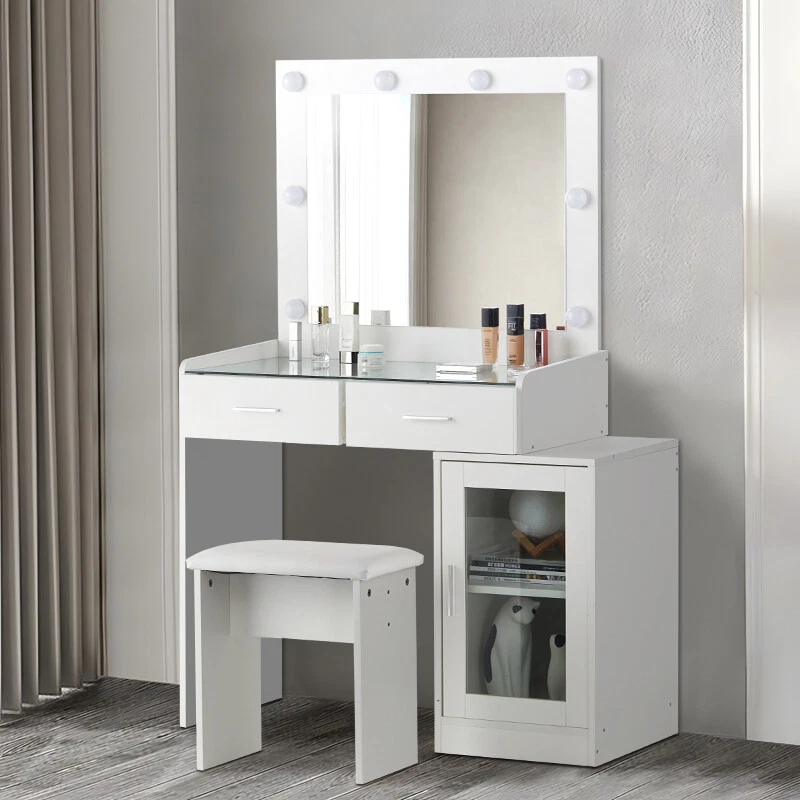 Dressing Table With Drawers Mirror Stool Set Makeup Desk Vanity Table Bedroom - Image 2 of 4