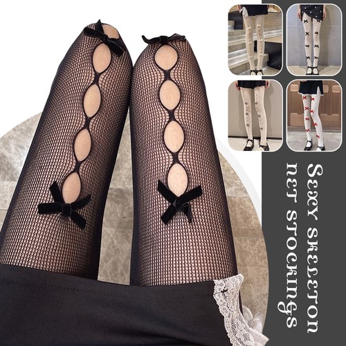 Womens Hollow Mesh Stockings Girl Fishnet Bow Tights Sweet Lolita Pantyhose NEW - Picture 2 of 24