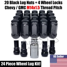 20 Black Acorn Lug Nuts + 4 Wheel Locks M14x1.5 For Chevy Silverado Sierra 1500