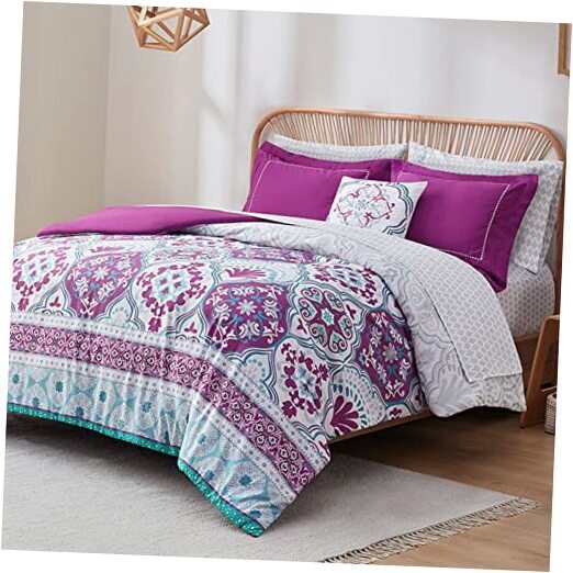 Size Complete Comforter Sets, Lattice Boho Bed in A Bag,Microfiber Full Purple