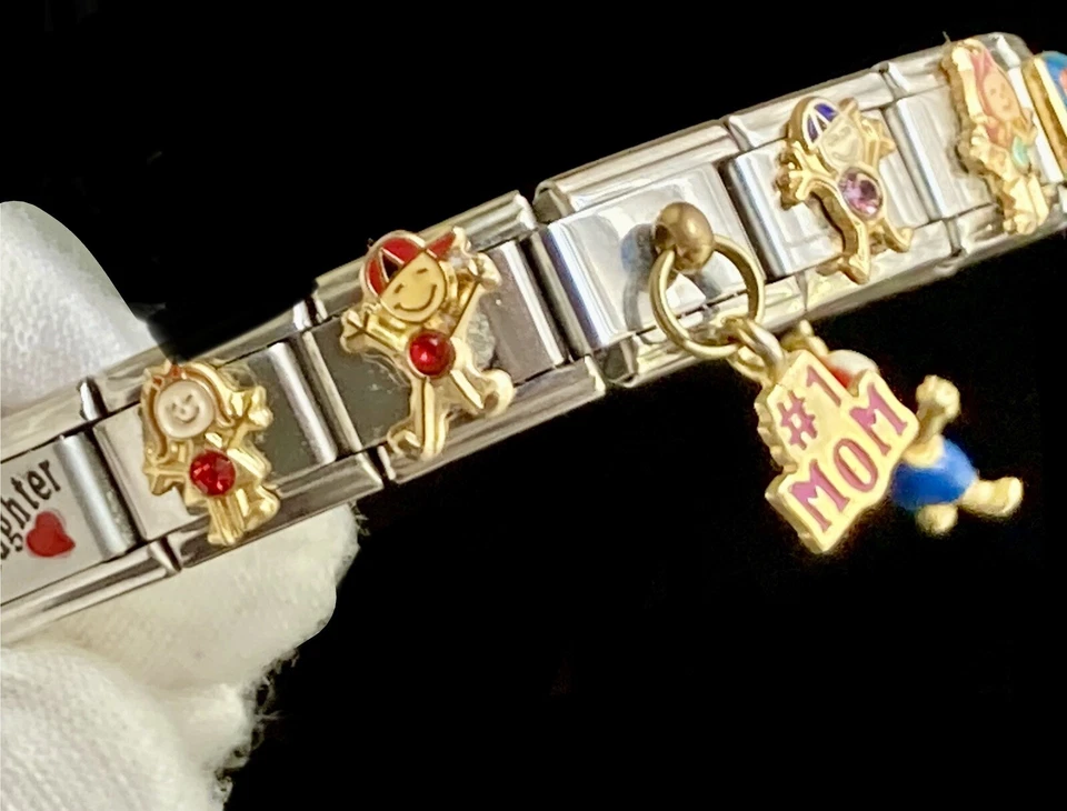 Pulsera Italiana Dije Inoxidable #1 Mamá Madre Hija Perros Gatos Niño Baile Foto 2 de 4