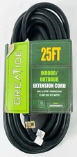 Greatide 25 Ft Indoor/Outdoor Extension Cord - 12/3 SJTW - Heavy Duty Black  NWT