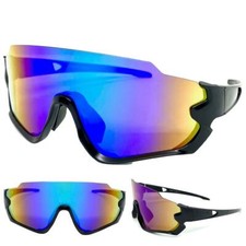Oversized 90's RETRO SPORTY WRAP AROUND Style SUN GLASSES Black Frame Blue Lens
