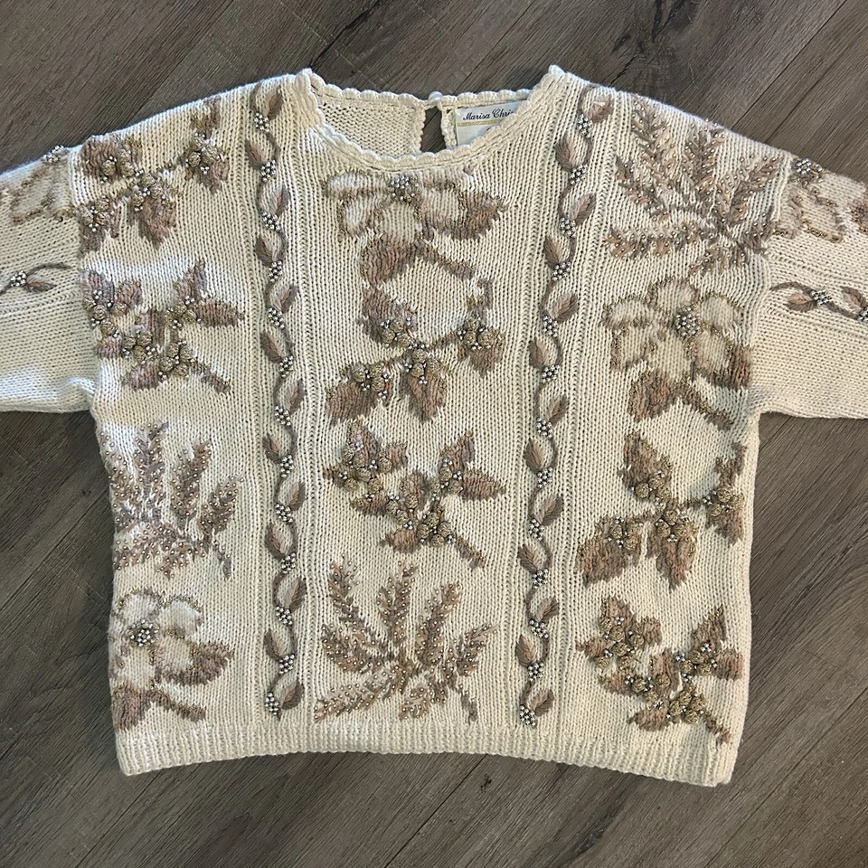 Suéter de Navidad MARIA CHRISTINA PS Marfil Dorado Metálico Cuentas 1996 Excelente Foto 2 de 4