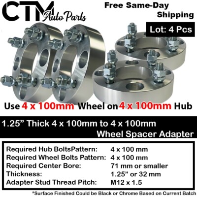 4x 1.25'' Thick 4x100mm Wheel Spacer Adapter 71mm Center Bore with 12x1.5 Studs