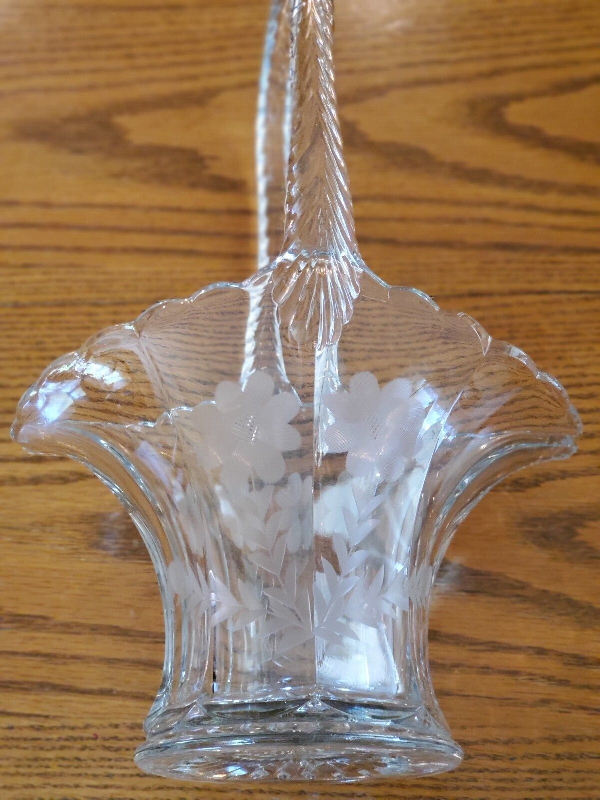 Vintage Cut/etched glass basket vase. eBay