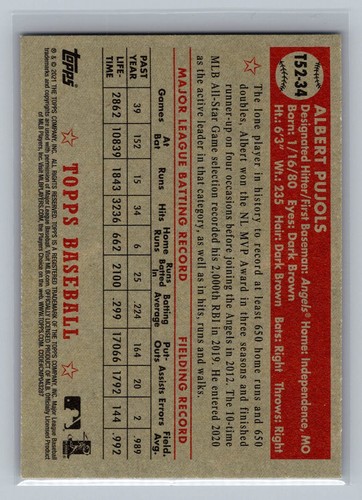 Albert Pujols 2021 Topps #T52-34 1952 Topps Redux Angels Baseball Card C16 - Picture 2 of 2
